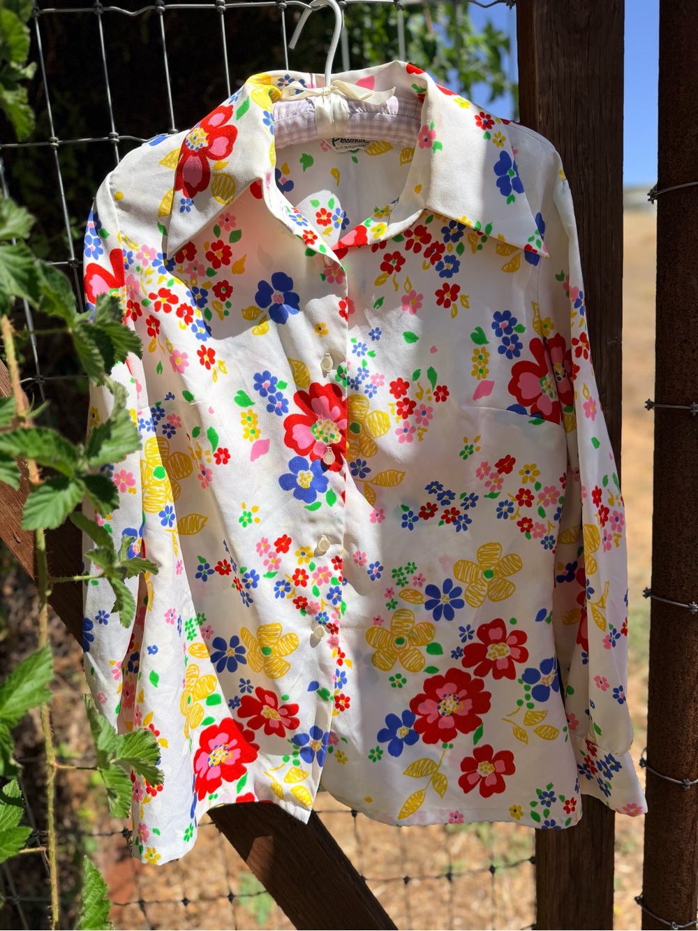 Persona White Floral Button-Down Shirt with Red, Blue & Yellow Flowers
